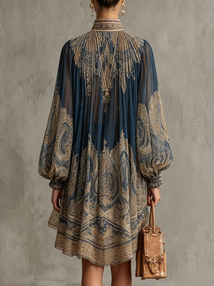 Sadie | Asymmetric Raso Mini Abito with Blu Navy Baroque Stampa and Stand Collar