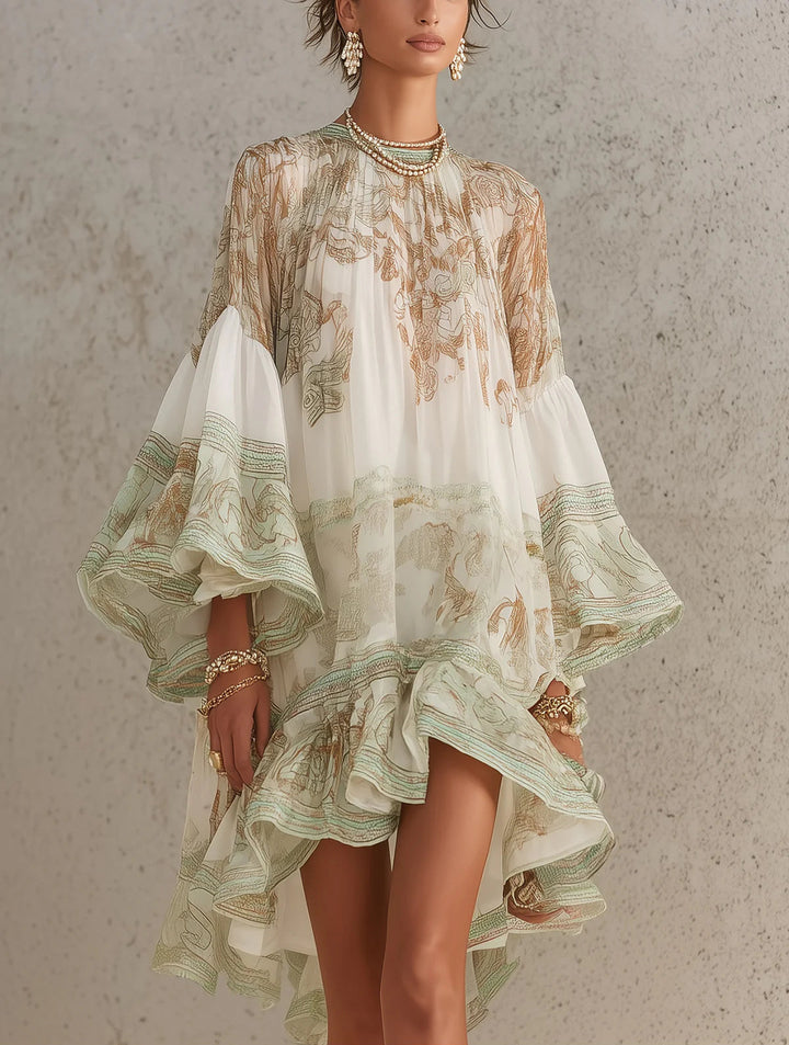 Lucy | Ruffle-Sleeve Raso Mini Abito with Verde a Righe Hem