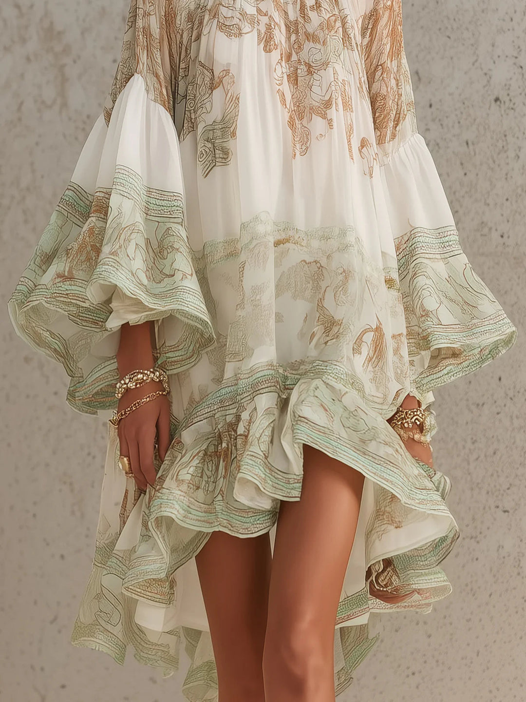 Lucy | Ruffle-Sleeve Raso Mini Abito with Verde a Righe Hem