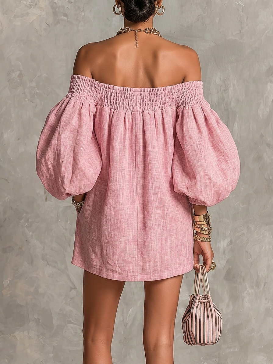 Emily | Rosa Trapeze Mini Abito with Lantern Sleeves and Spalle Scoperte Neckline