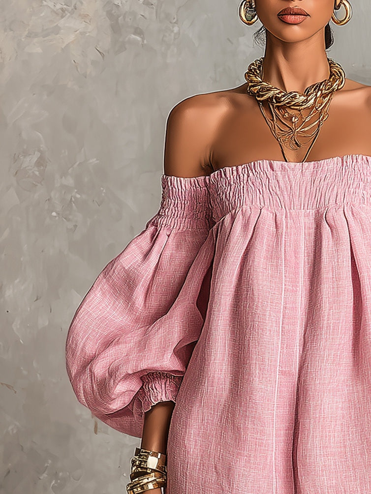 Emily | Rosa Trapeze Mini Abito with Lantern Sleeves and Spalle Scoperte Neckline