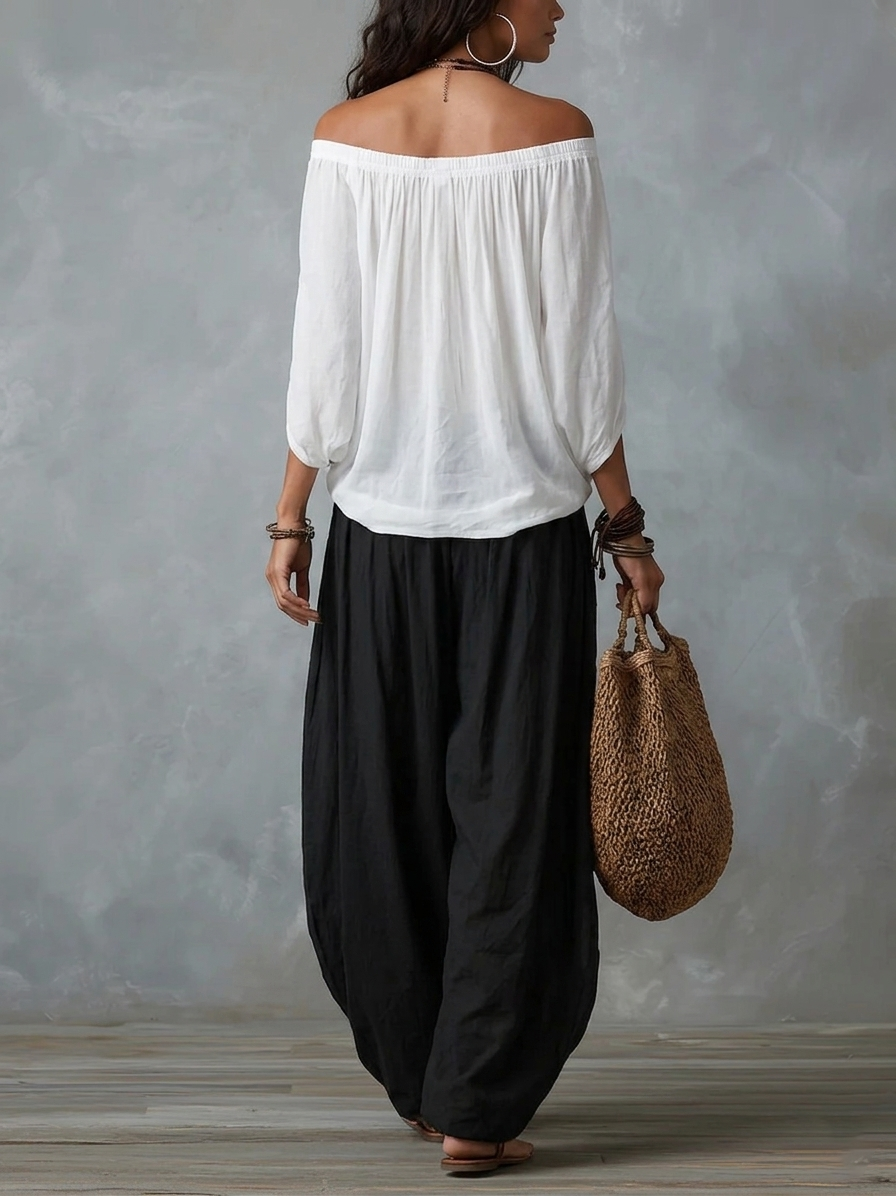 Ivorette | Bianco Spalle Scoperte Pantaloni Completo
