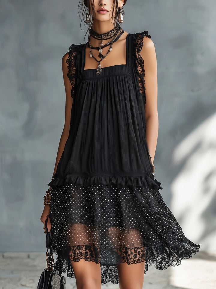 Harper | Sheer Polka-Dot Ruffle Mini Abito with Nero Pizzo Trim