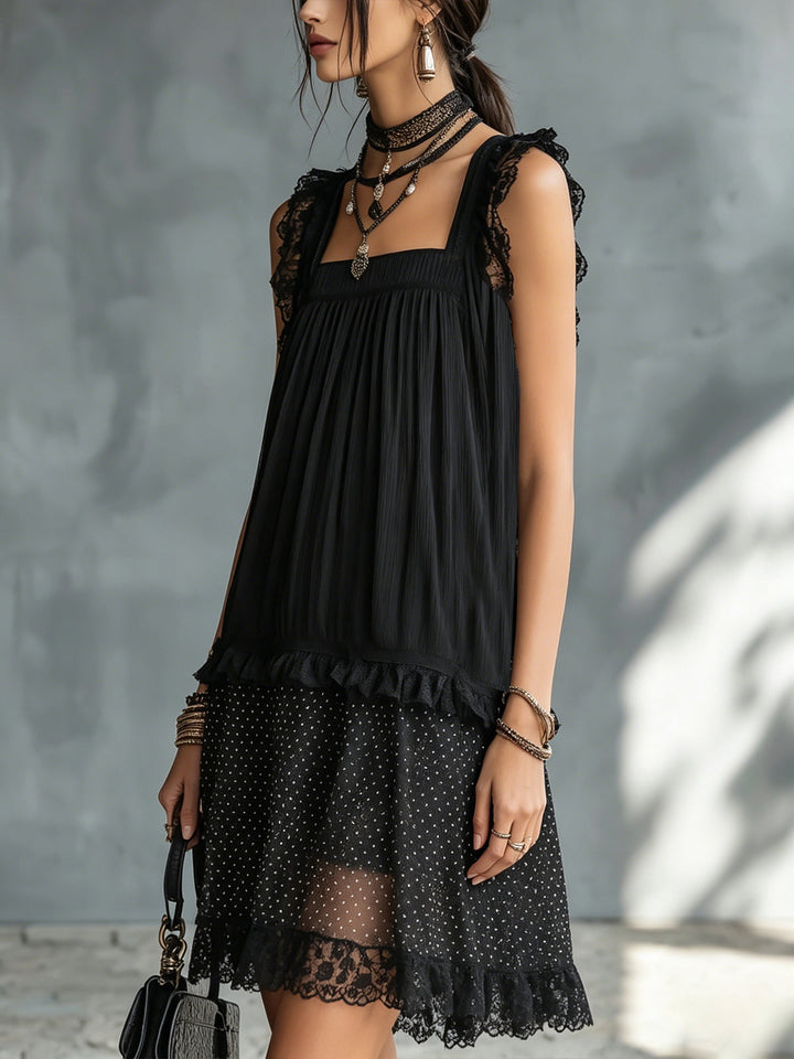 Harper | Sheer Polka-Dot Ruffle Mini Abito with Nero Pizzo Trim