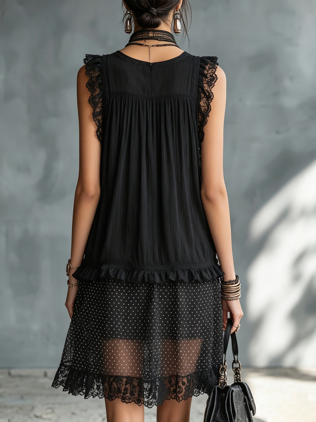 Harper | Sheer Polka-Dot Ruffle Mini Abito with Nero Pizzo Trim