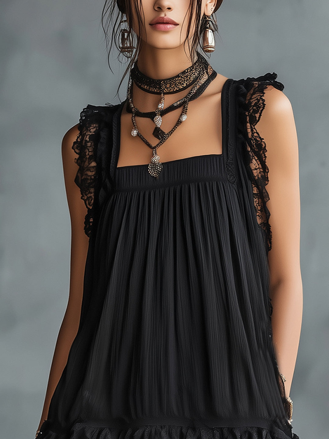 Harper | Sheer Polka-Dot Ruffle Mini Abito with Nero Pizzo Trim