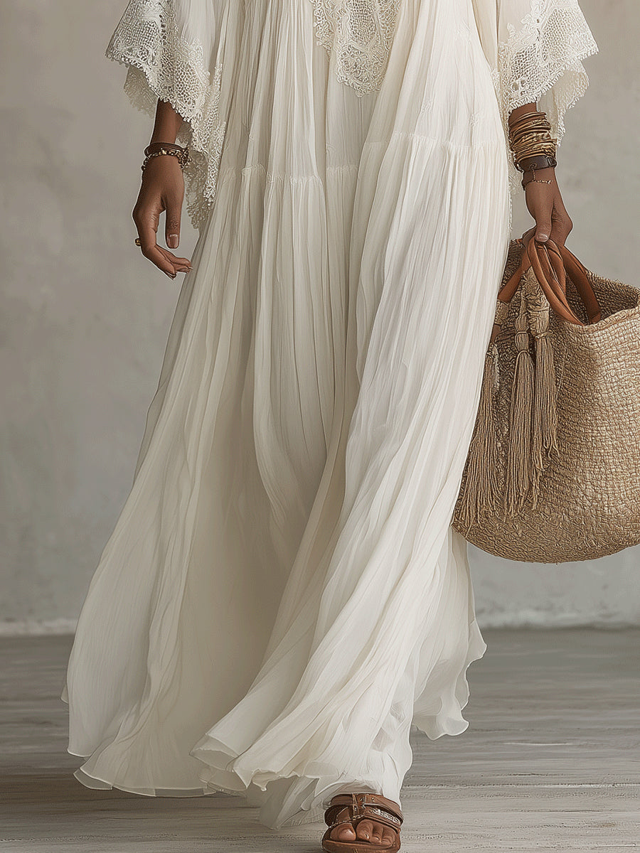 Celeste | Abito Lungo in Chiffon Avorio con Maniche a Pipistrello e Pizzo Bianco
