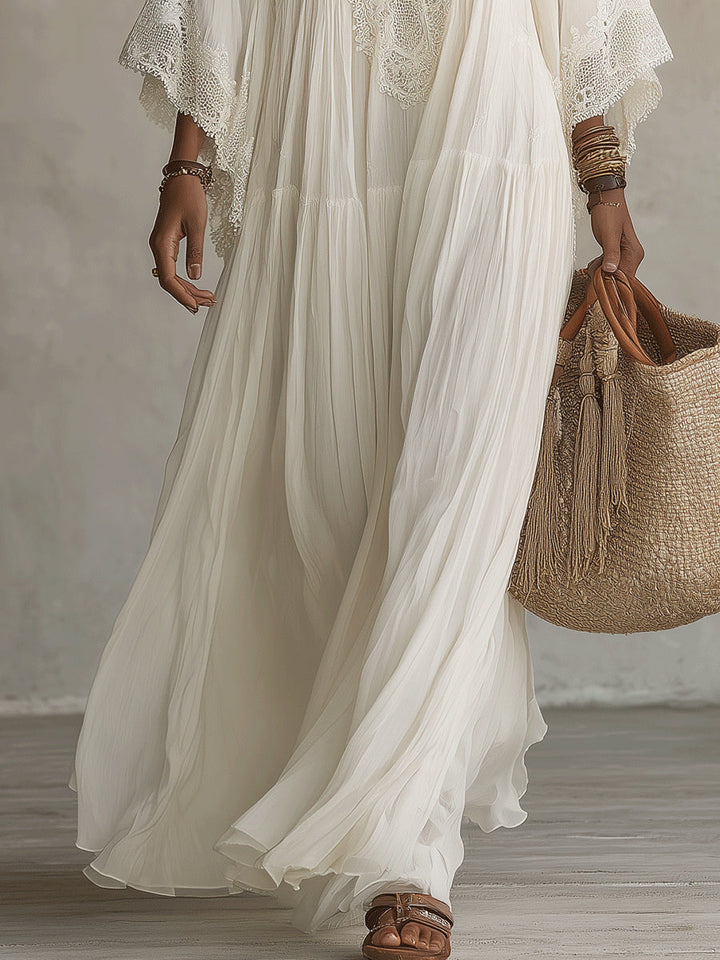 Celeste | Abito Lungo in Chiffon Avorio con Maniche a Pipistrello e Pizzo Bianco