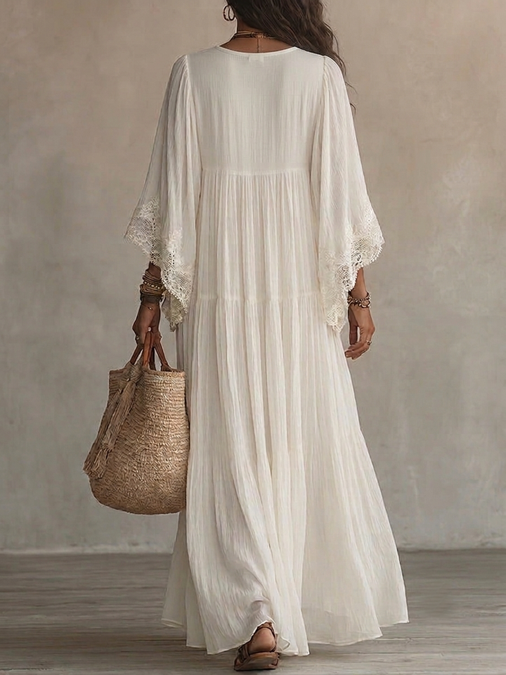 Celeste | Abito Lungo in Chiffon Avorio con Maniche a Pipistrello e Pizzo Bianco
