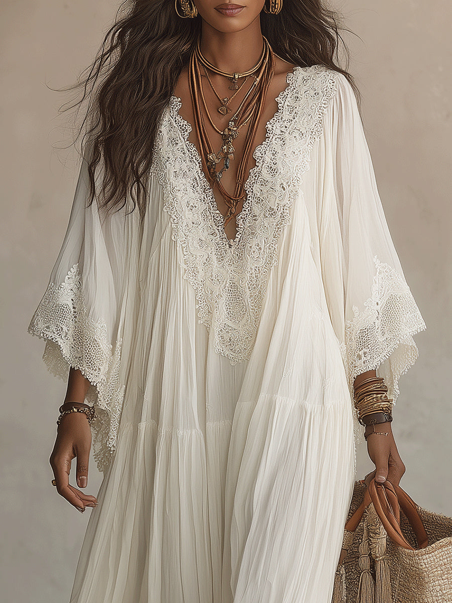 Celeste | Abito Lungo in Chiffon Avorio con Maniche a Pipistrello e Pizzo Bianco