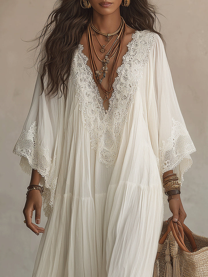 Celeste | Abito Lungo in Chiffon Avorio con Maniche a Pipistrello e Pizzo Bianco