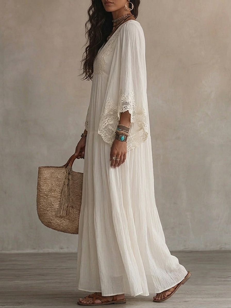 Celeste | Abito Lungo in Chiffon Avorio con Maniche a Pipistrello e Pizzo Bianco