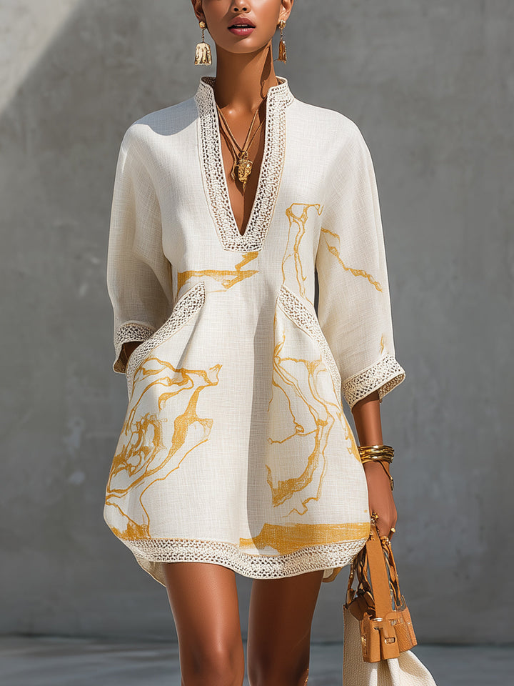 Lily | Avorio Crochet Pizzo Mini Abito with Oro Motifs and Scollo a V
