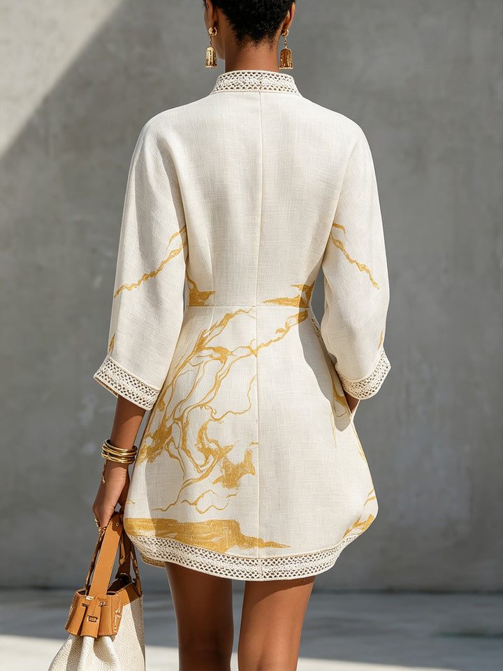 Lily | Avorio Crochet Pizzo Mini Abito with Oro Motifs and Scollo a V