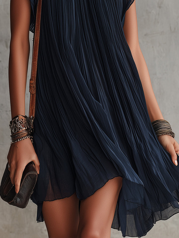 Grace | Pleated Raso Mini Abito with Blu Blu Navy Floreale Embroidery