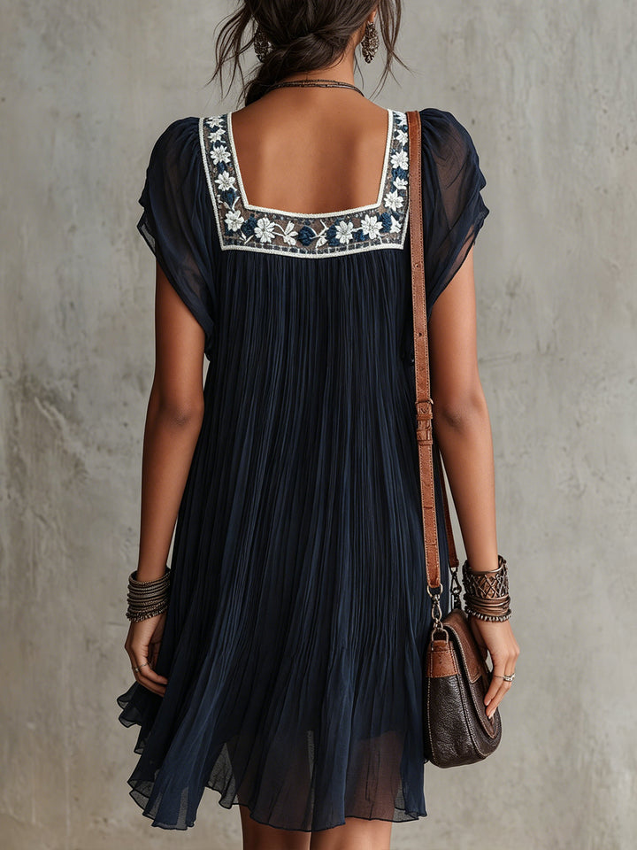 Grace | Pleated Raso Mini Abito with Blu Blu Navy Floreale Embroidery