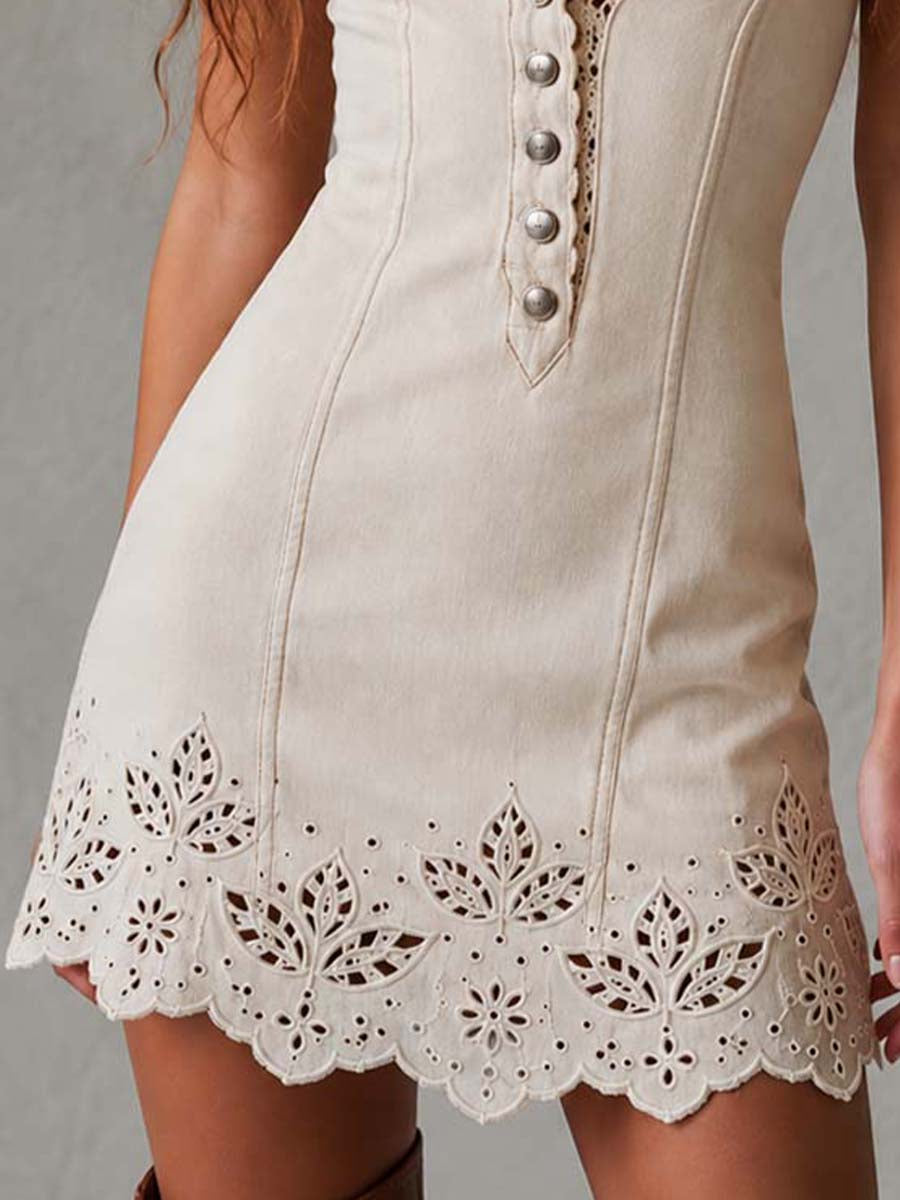 Alice | Avorio Openwork Pizzo Mini Abito with Scollo a V