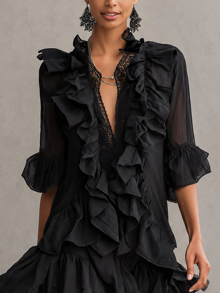 Clara | Nero Raso Ruffle Mini Abito
