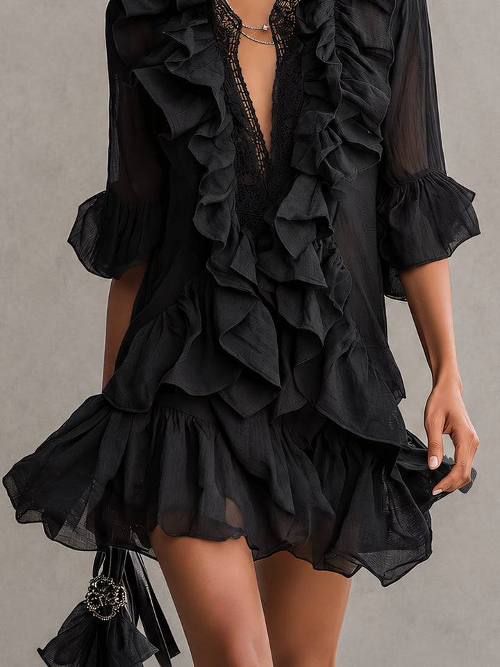 Clara | Nero Raso Ruffle Mini Abito