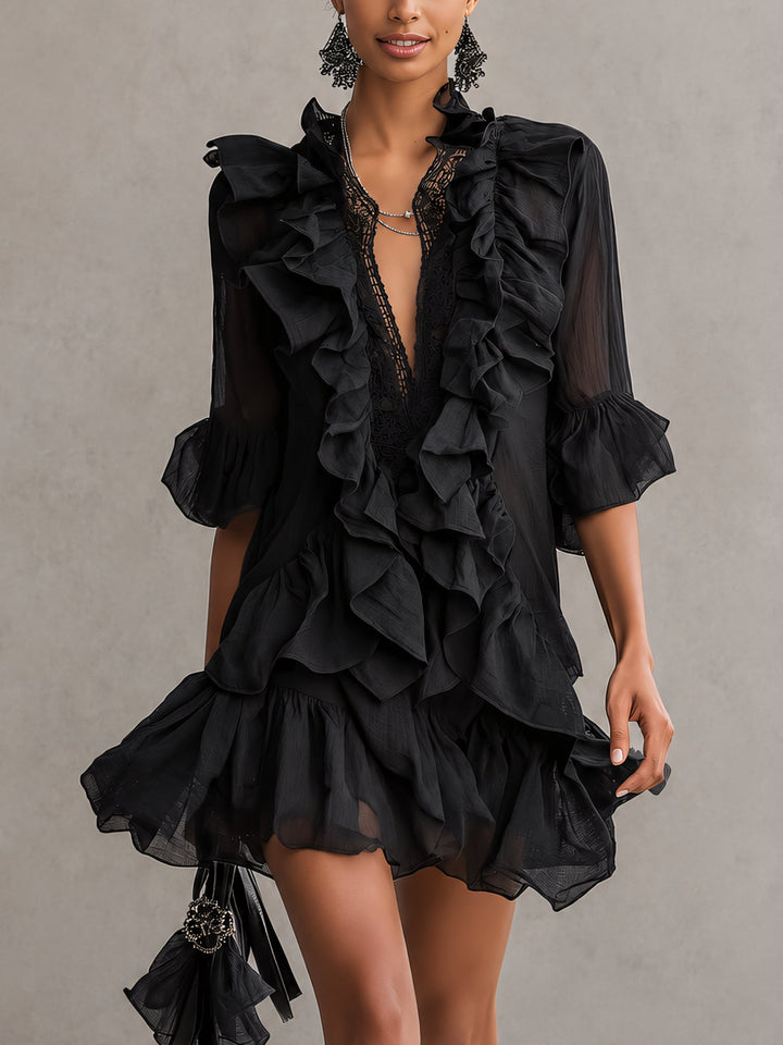 Clara | Nero Raso Ruffle Mini Abito
