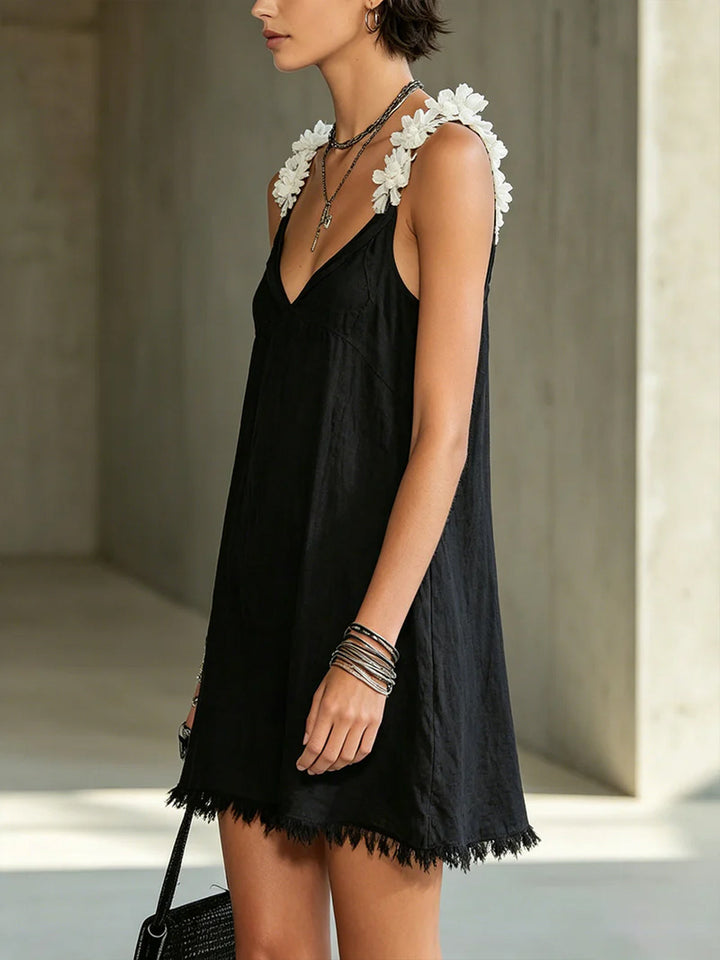 Edith | Nero Mini Abito with Scollo a V and Floreale Straps