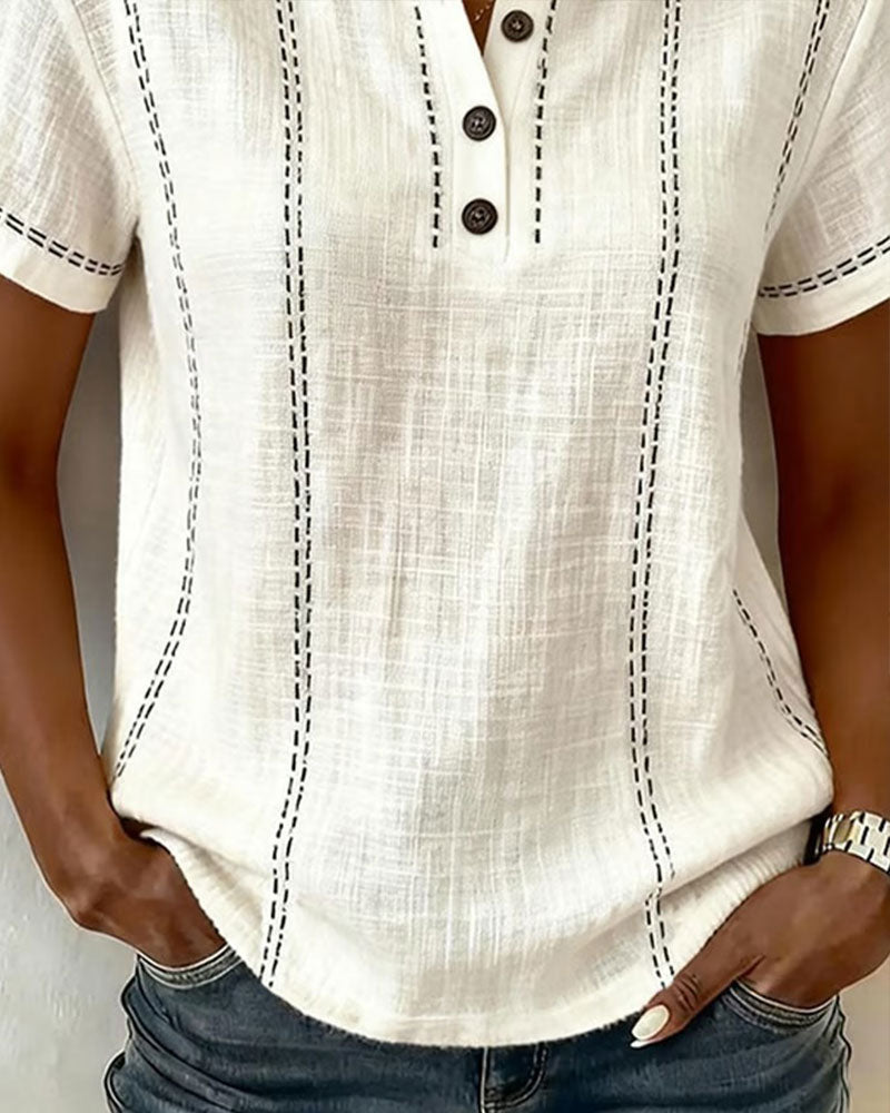 Linda | Casual Button Scollo a V Maglietta