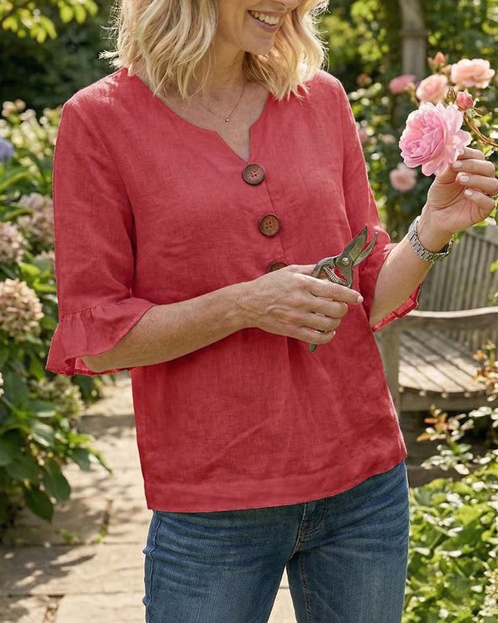 Kerria | Ruffle Sleeve Button Lino Camicetta