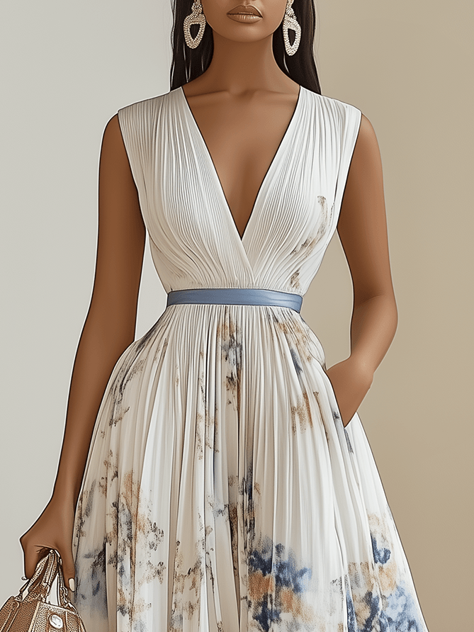 Chloe | Abito Midi Plissettato in Chiffon Floreale, Bianco