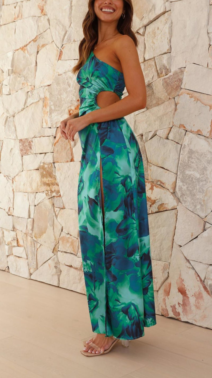 Alayah | Abito Maxi Floreale Monospalla con Spacco Alto