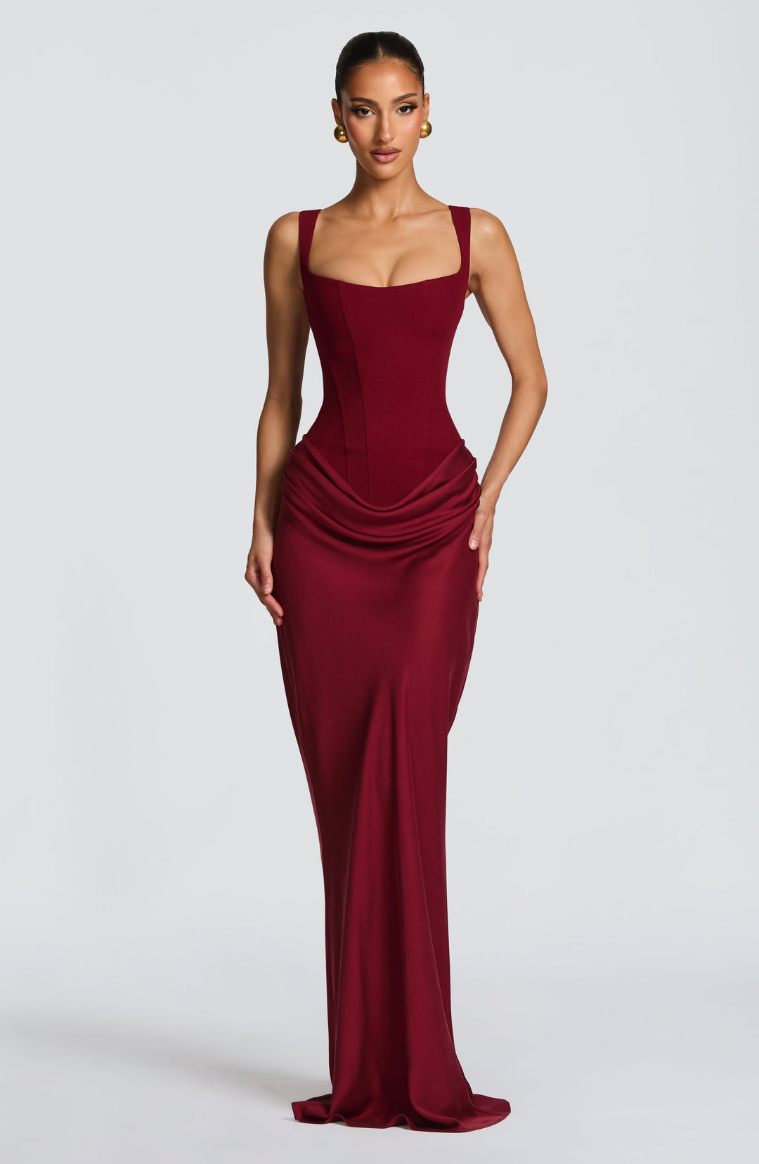 Alina | Abito Maxi in Raso con Corsetto e Scollo Quadrato