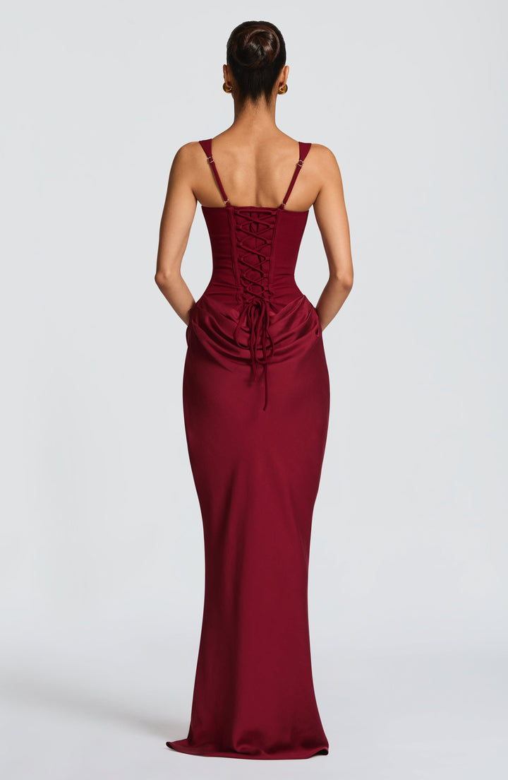 Alina | Abito Maxi in Raso con Corsetto e Scollo Quadrato