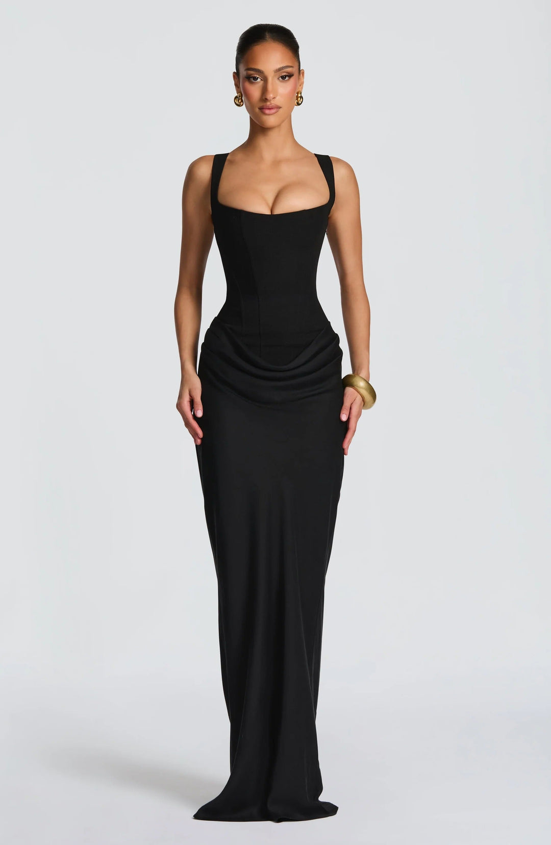 Alina | Abito Maxi in Raso con Corsetto e Scollo Quadrato