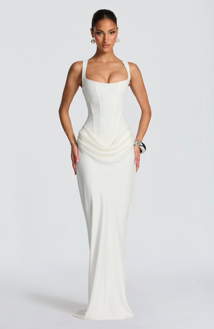 Alina | Abito Maxi in Raso con Corsetto e Scollo Quadrato