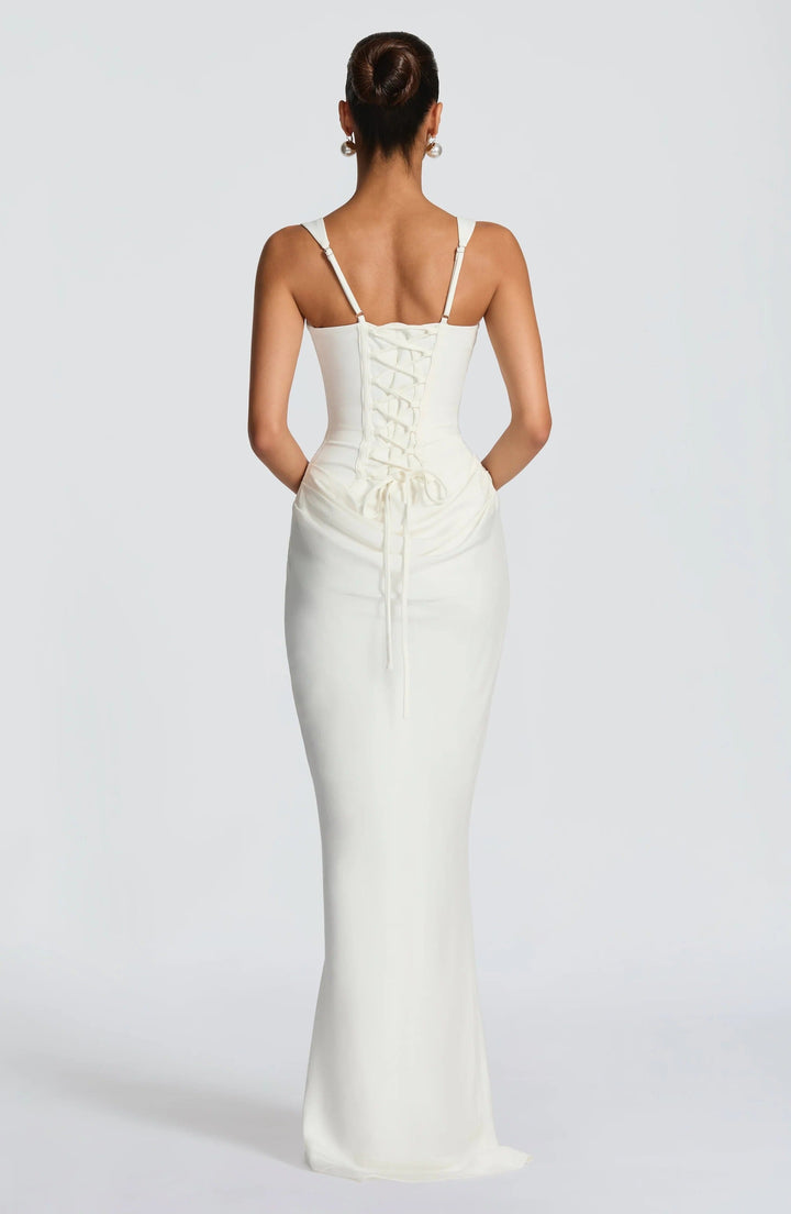 Alina | Abito Maxi in Raso con Corsetto e Scollo Quadrato