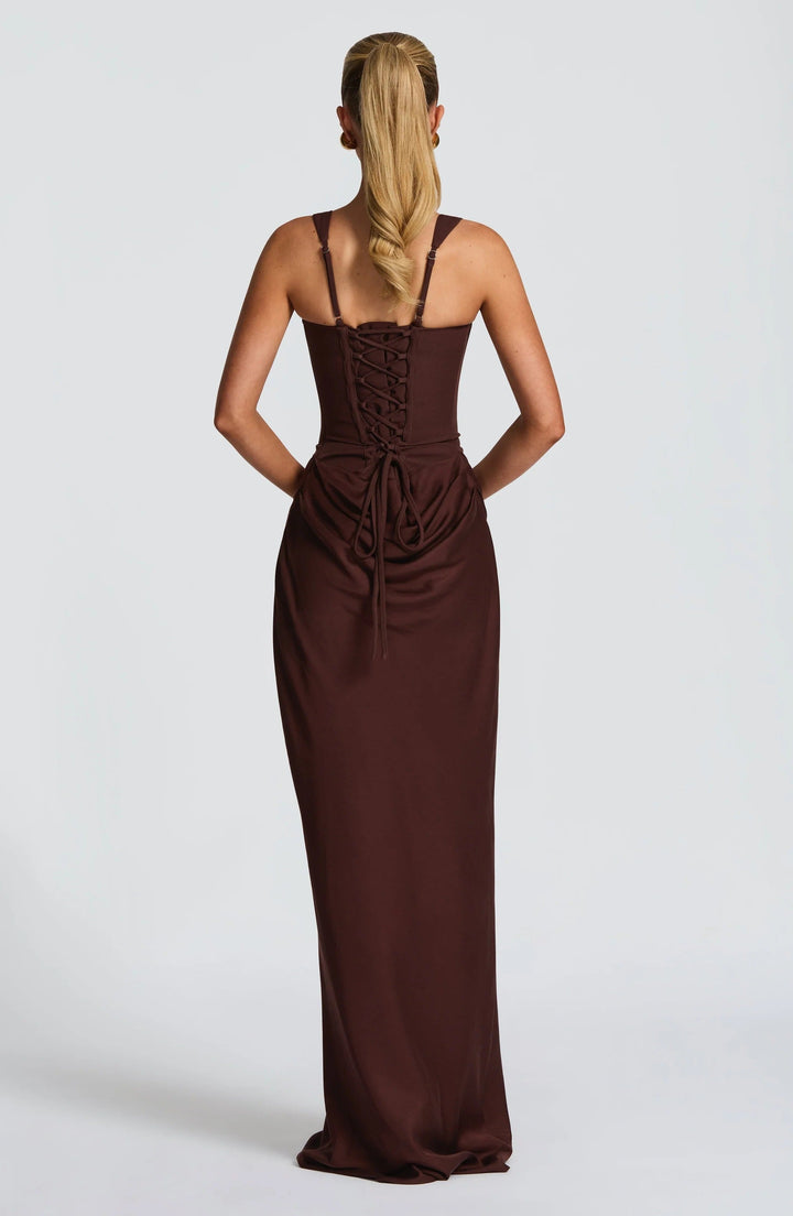 Alina | Abito Maxi in Raso con Corsetto e Scollo Quadrato
