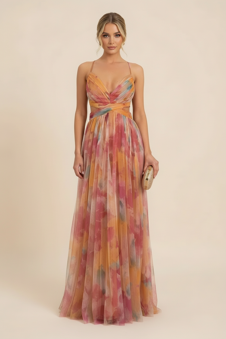 Angela | Abito Maxi in Tulle Floreale Scollo a V