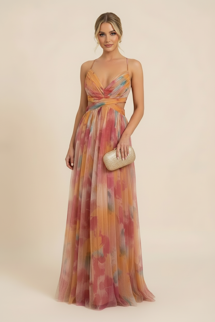 Angela | Abito Maxi in Tulle Floreale Scollo a V