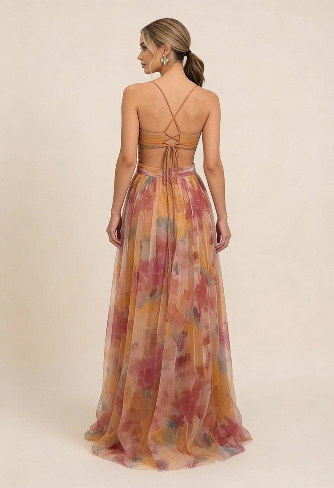 Angela | Abito Maxi in Tulle Floreale Scollo a V