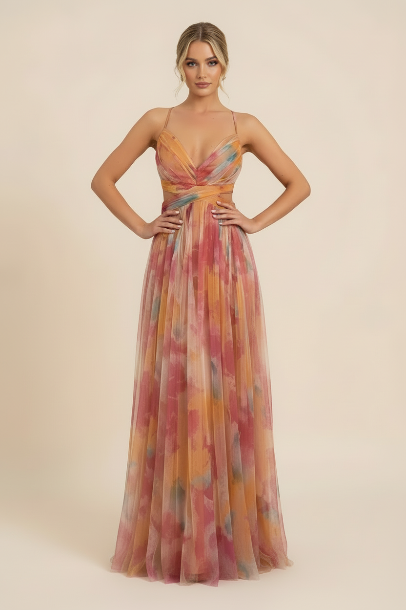 Angela | Abito Maxi in Tulle Floreale Scollo a V
