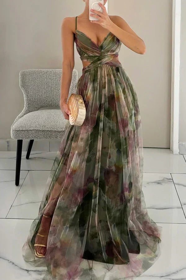 Angela | Abito Maxi in Tulle Floreale Scollo a V