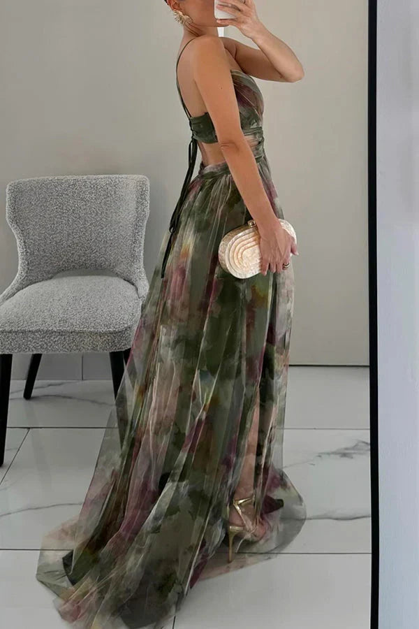 Angela | Abito Maxi in Tulle Floreale Scollo a V