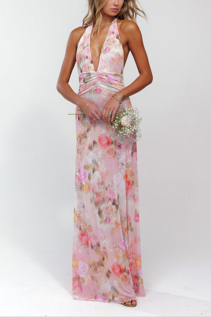 Ariadne | Abito Maxi Floreale con Collo Halter e Schiena Scoperta