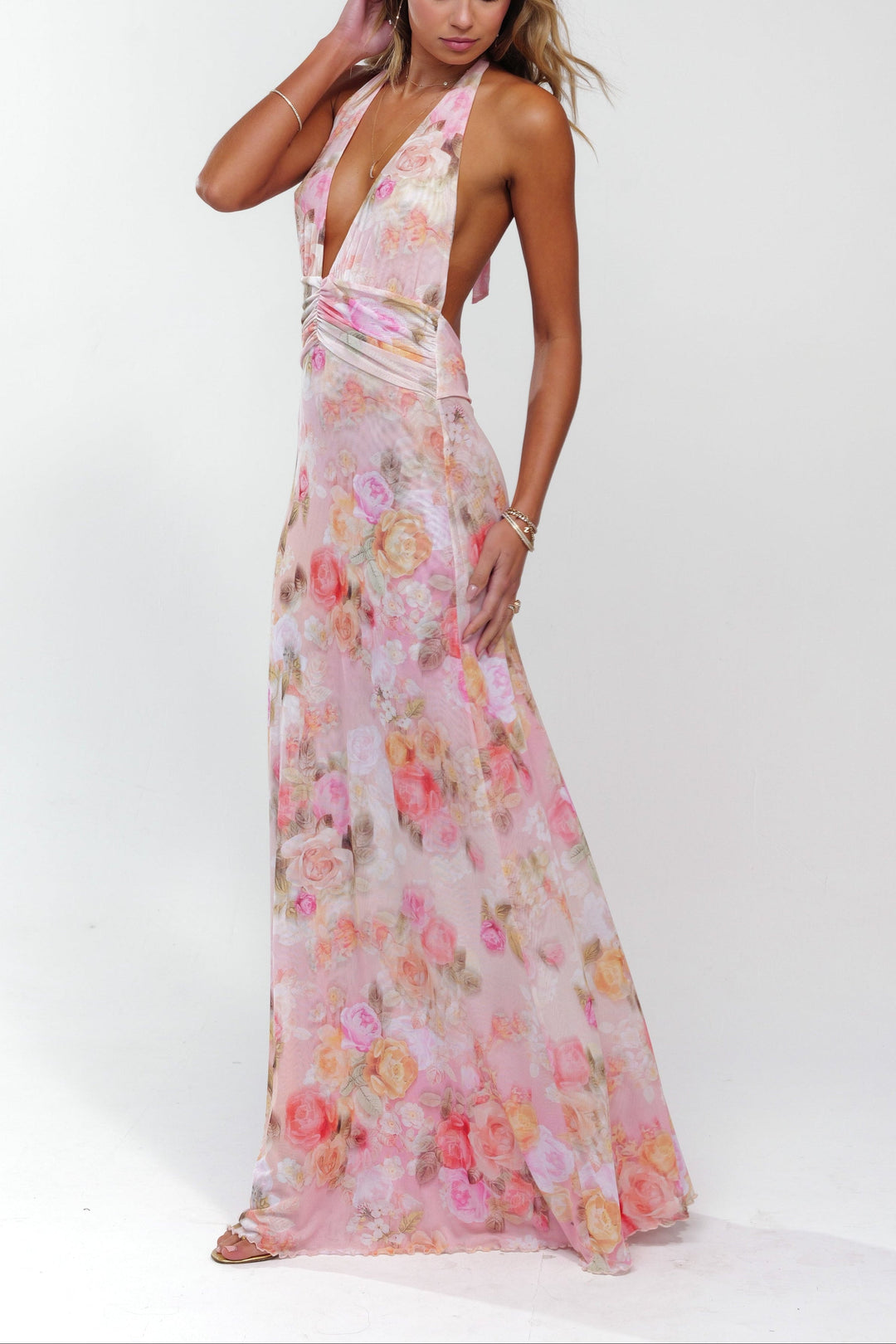 Ariadne | Abito Maxi Floreale con Collo Halter e Schiena Scoperta