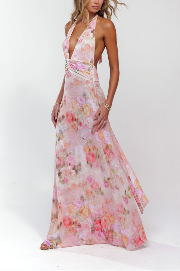 Ariadne | Abito Maxi Floreale con Collo Halter e Schiena Scoperta