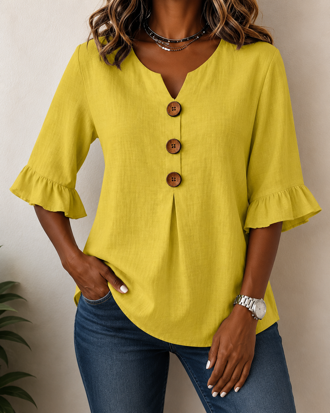 Kerria | Ruffle Sleeve Button Lino Camicetta