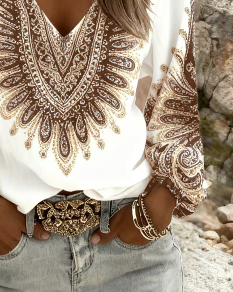 Karen | Scollo a V Retro Stampa Top