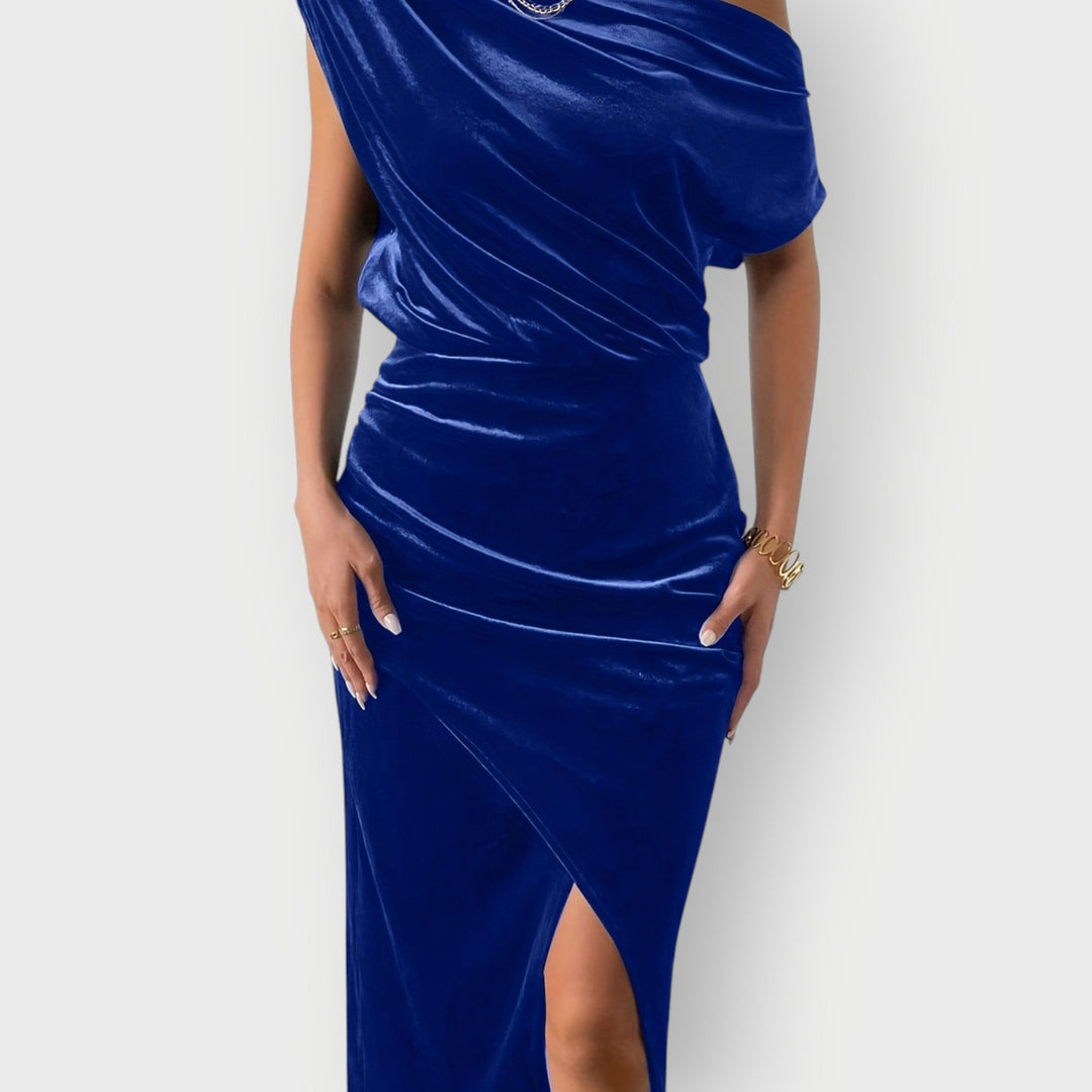 Saeviah | Abito Midi in Velluto Drappeggiato a Spalle Scoperte