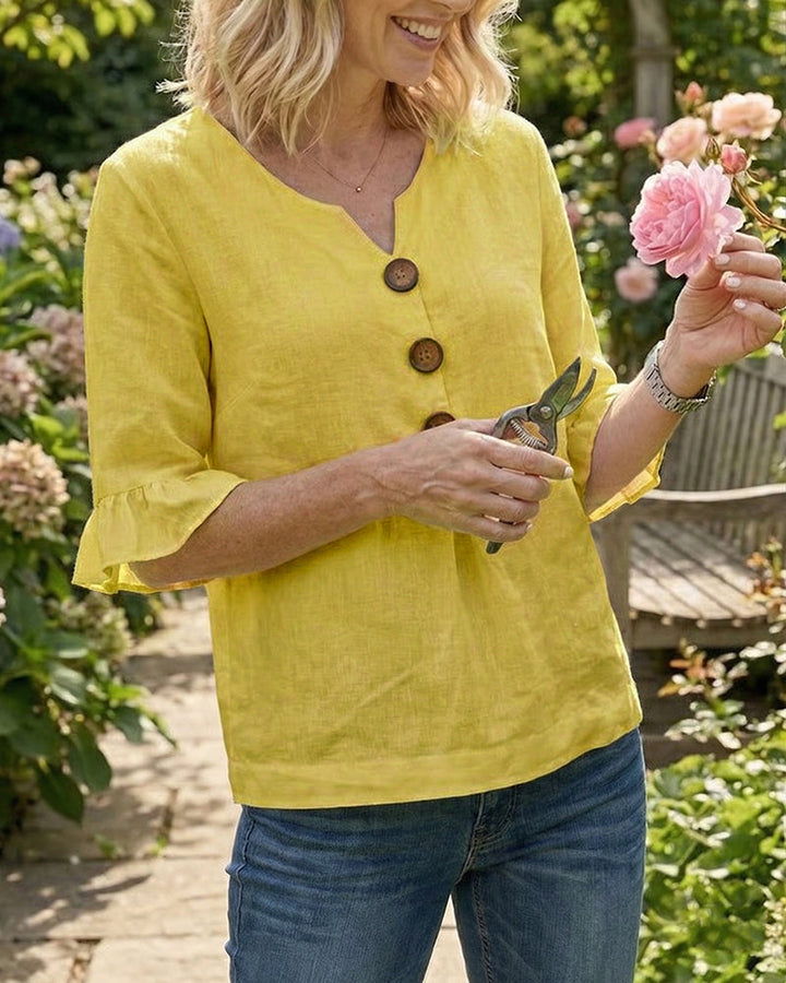 Kerria | Ruffle Sleeve Button Lino Camicetta