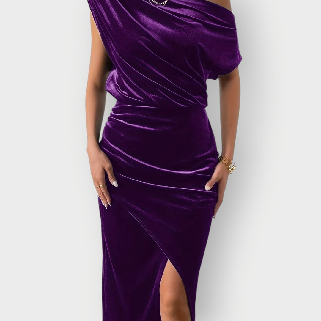 Saeviah | Abito Midi in Velluto Drappeggiato a Spalle Scoperte