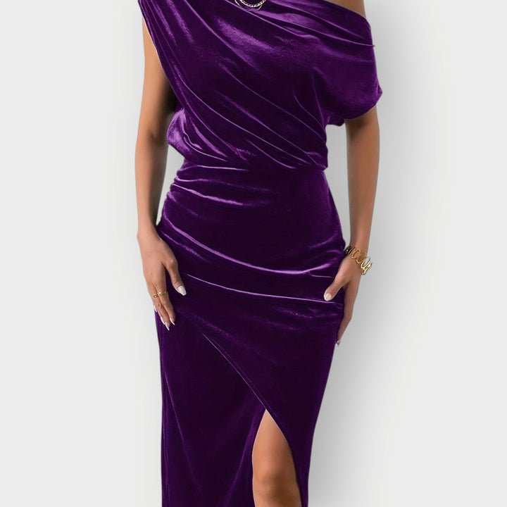Saeviah | Abito Midi in Velluto Drappeggiato a Spalle Scoperte